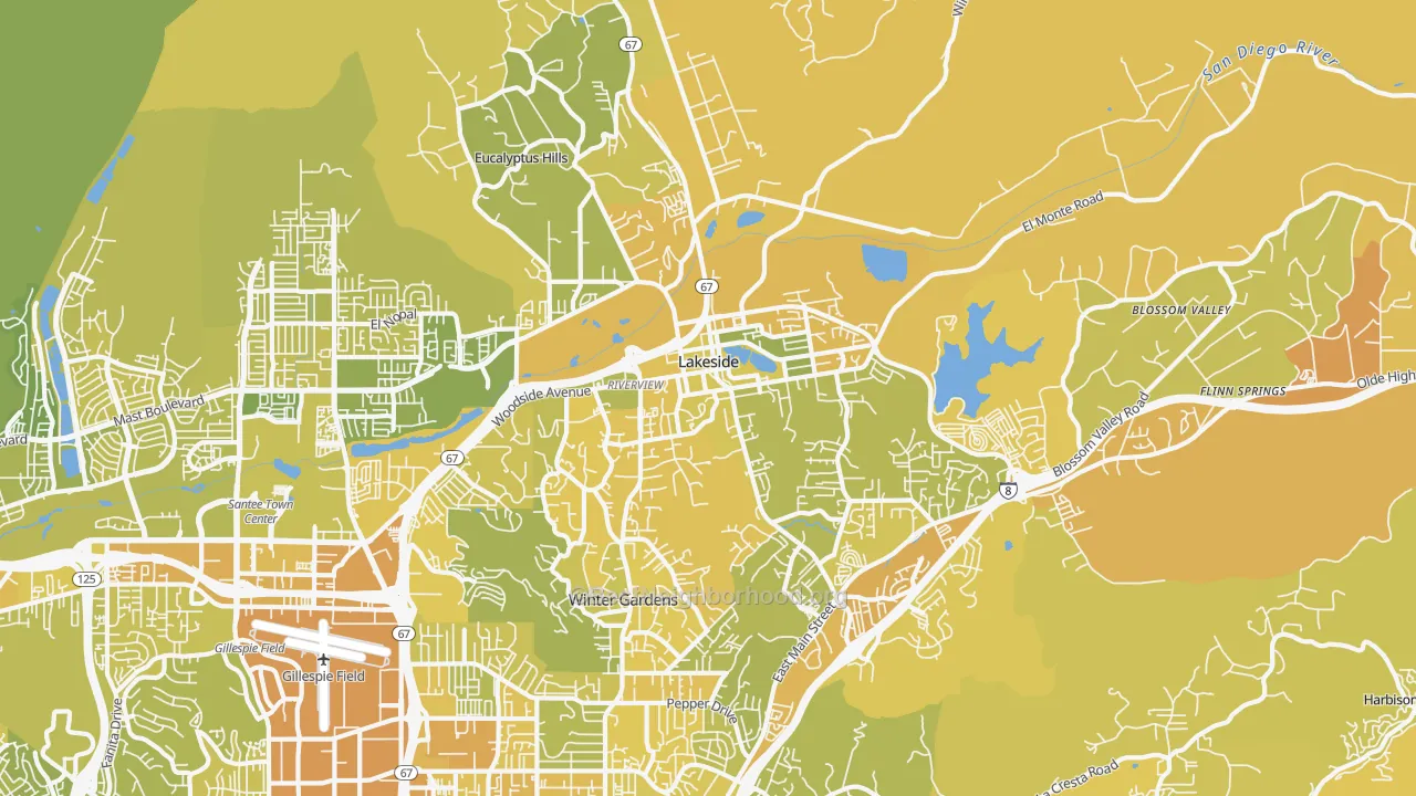 Map of the best neighborhoods in the Lakeside area, with better matches in green and worse matches in red