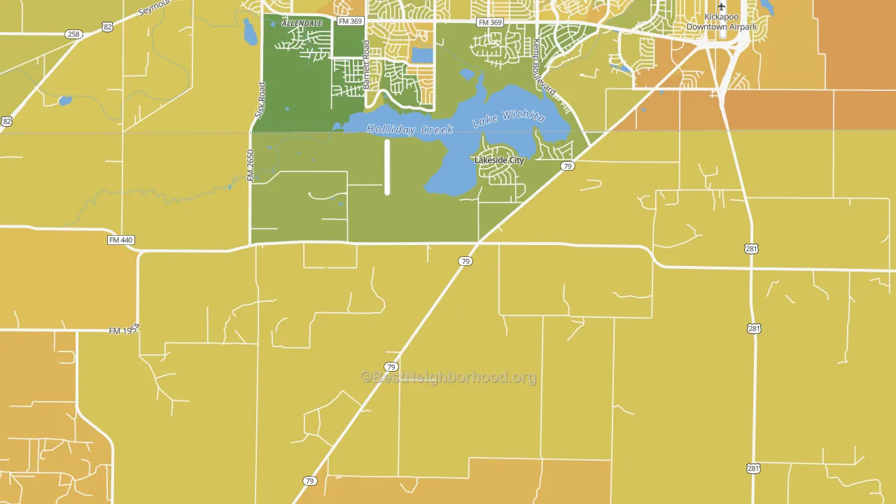 Map of the best neighborhoods in the Lakeside City area, with better matches in green and worse matches in red