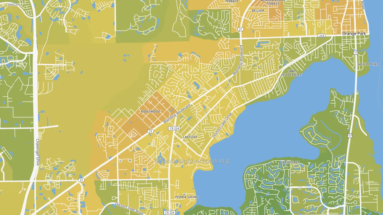 Map of the best neighborhoods in the Lakeside area, with better matches in green and worse matches in red