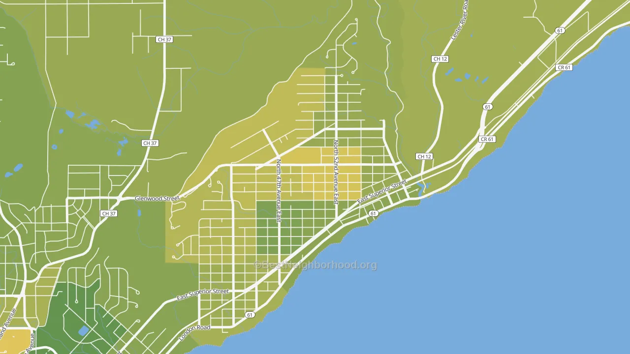 Map of the best neighborhoods in the Lakeside-Lester Park, Duluth area, with better matches in green and worse matches in red