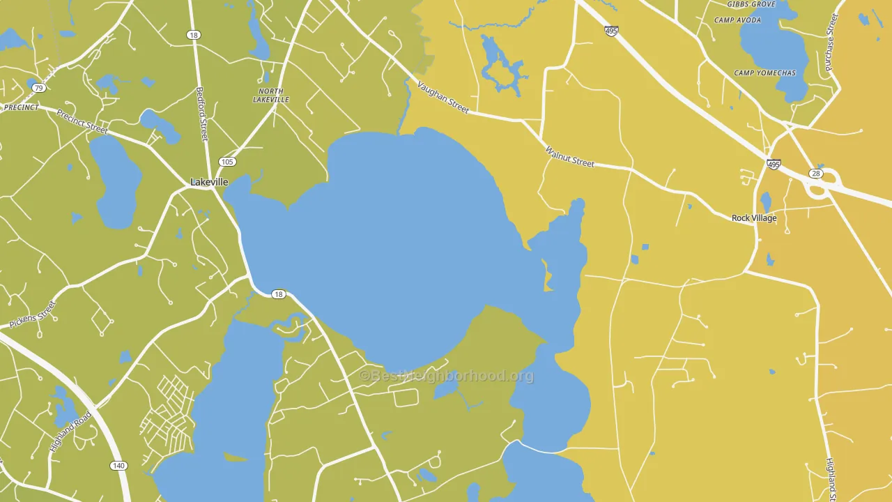 Map of the best neighborhoods in the Lakeside area, with better matches in green and worse matches in red