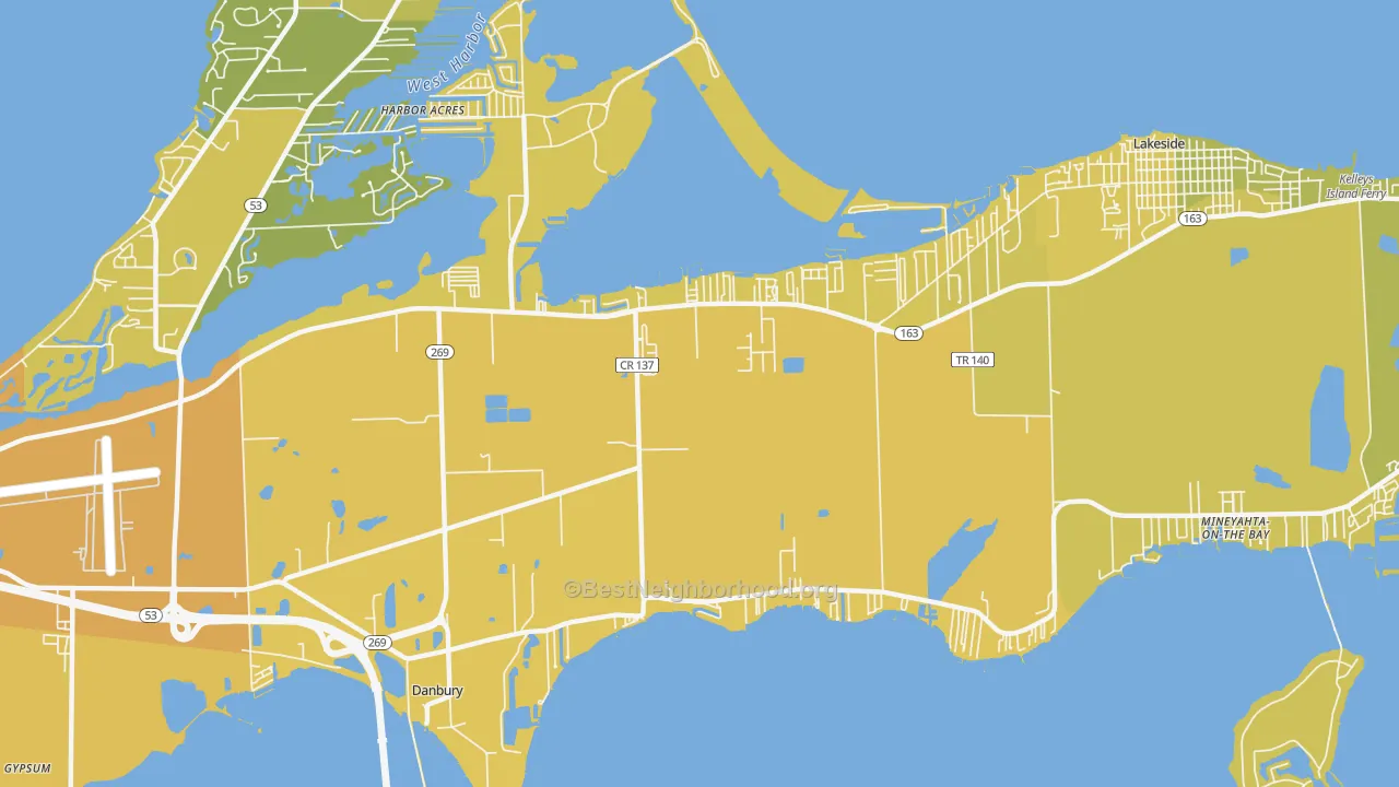 Map of the best neighborhoods in the Lakeside-Marblehead area, with better matches in green and worse matches in red