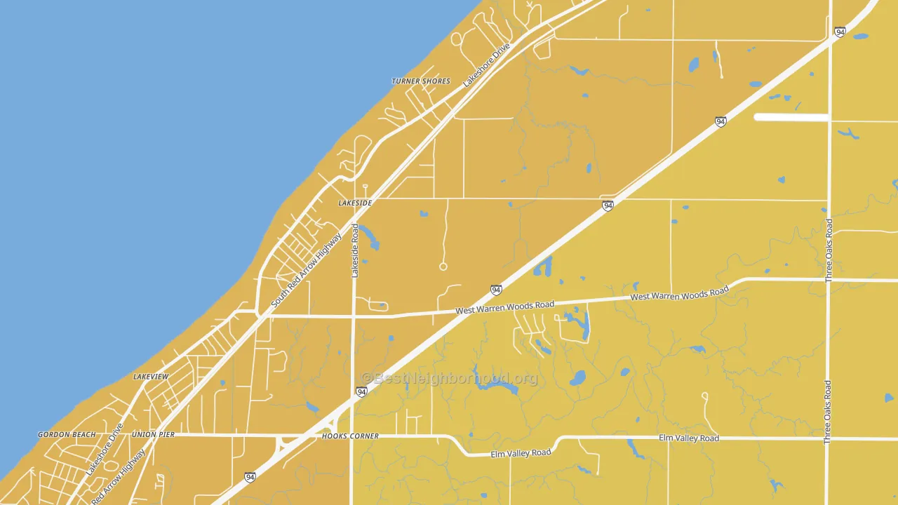 Map of the best neighborhoods in the Lakeside area, with better matches in green and worse matches in red