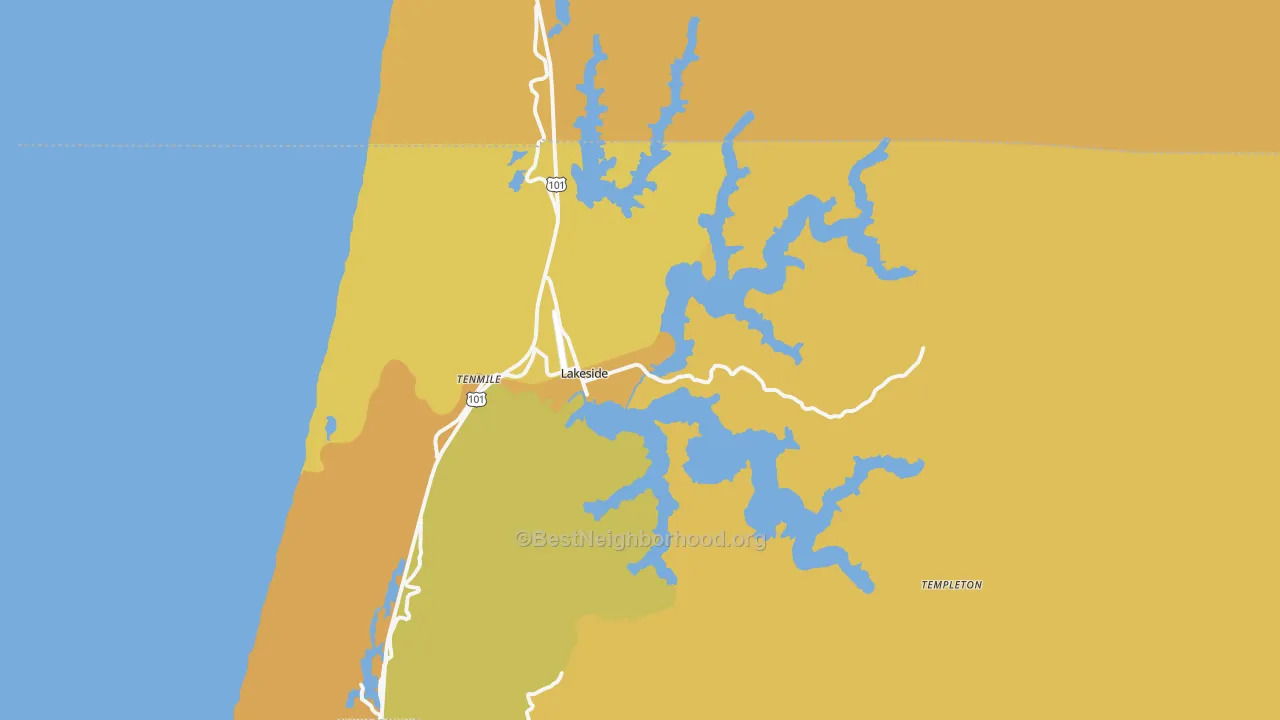 Map of the best neighborhoods in the Lakeside area, with better matches in green and worse matches in red