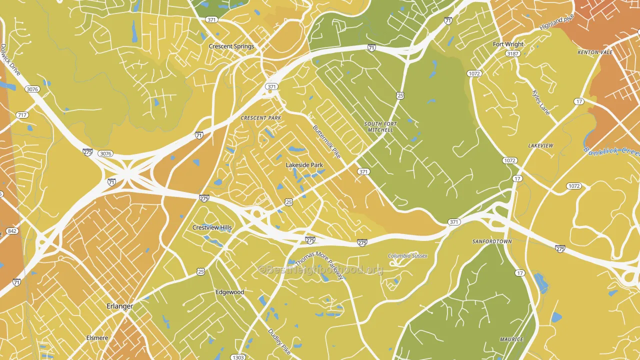 Map of the best neighborhoods in the Lakeside Park area, with better matches in green and worse matches in red