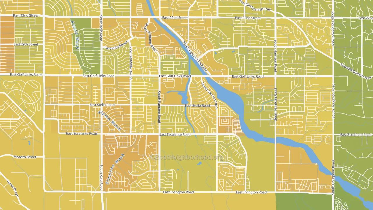 Map of the best neighborhoods in the Lakeside Park, Tucson area, with better matches in green and worse matches in red