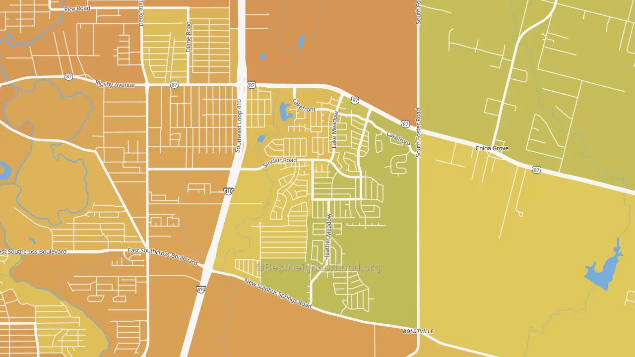 Map of the best neighborhoods in the Lakeside, San Antonio area, with better matches in green and worse matches in red