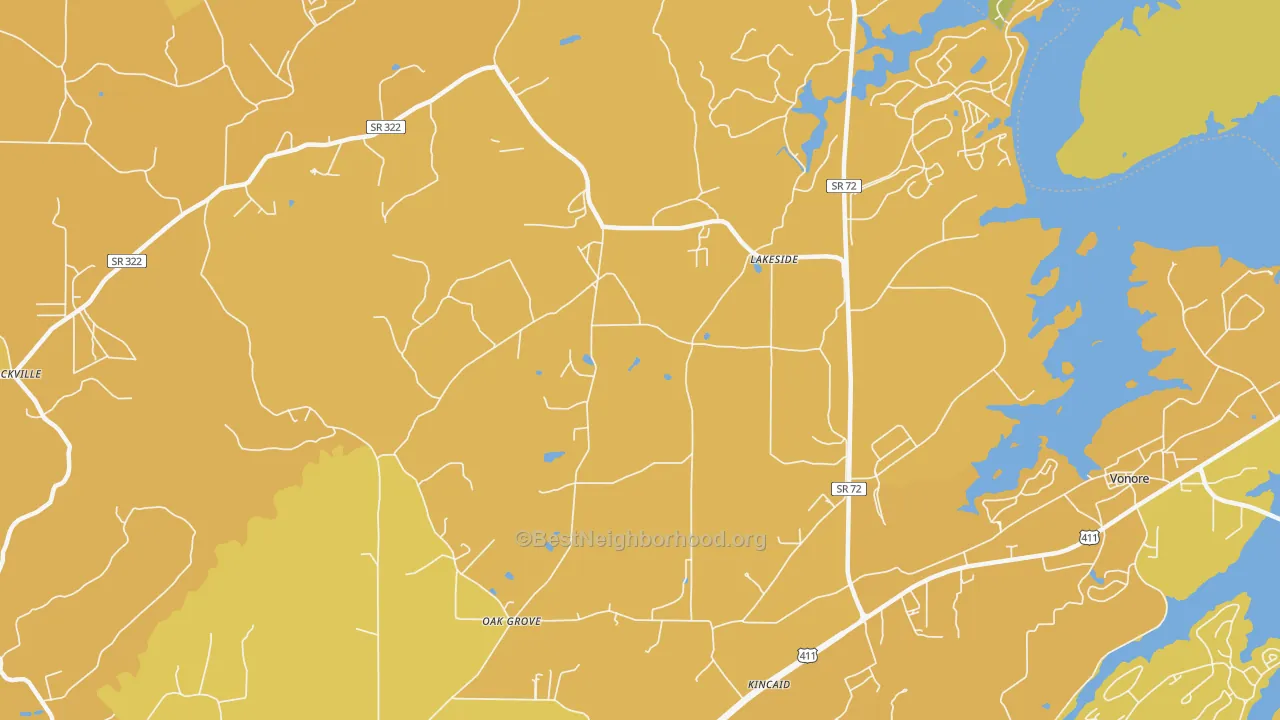 Map of the best neighborhoods in the Lakeside area, with better matches in green and worse matches in red