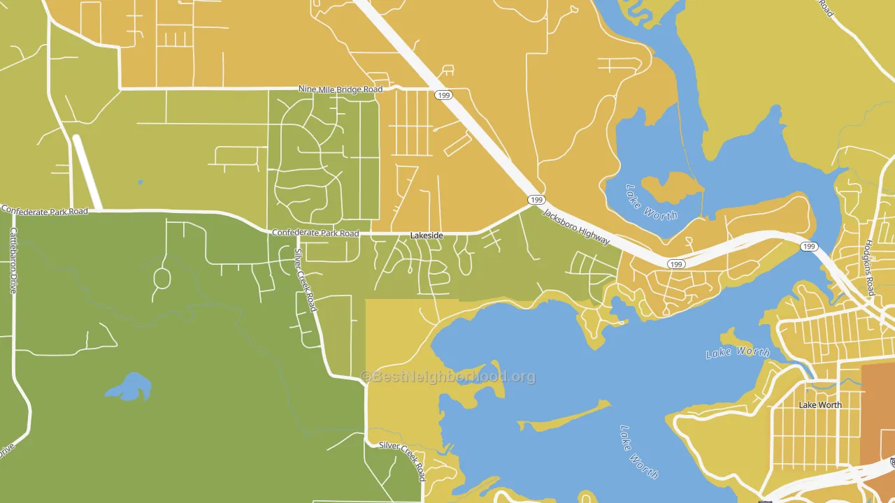 Map of the best neighborhoods in the Lakeside area, with better matches in green and worse matches in red