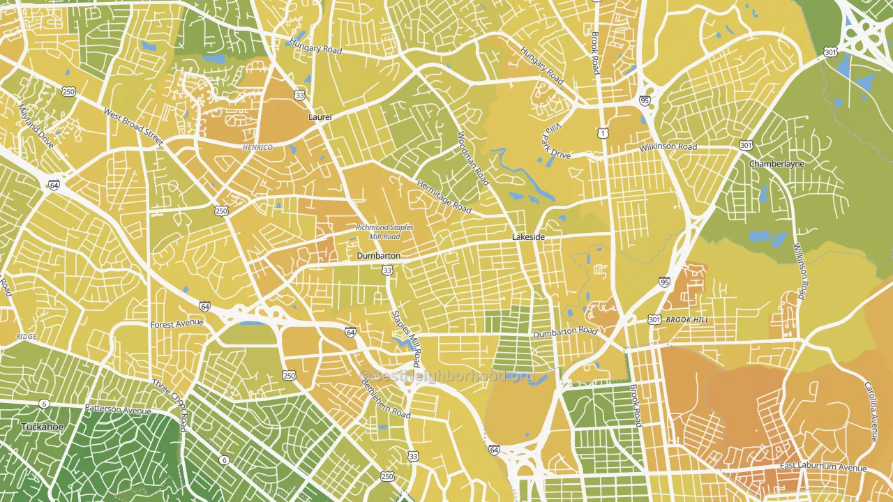 Map of the best neighborhoods in the Lakeside area, with better matches in green and worse matches in red