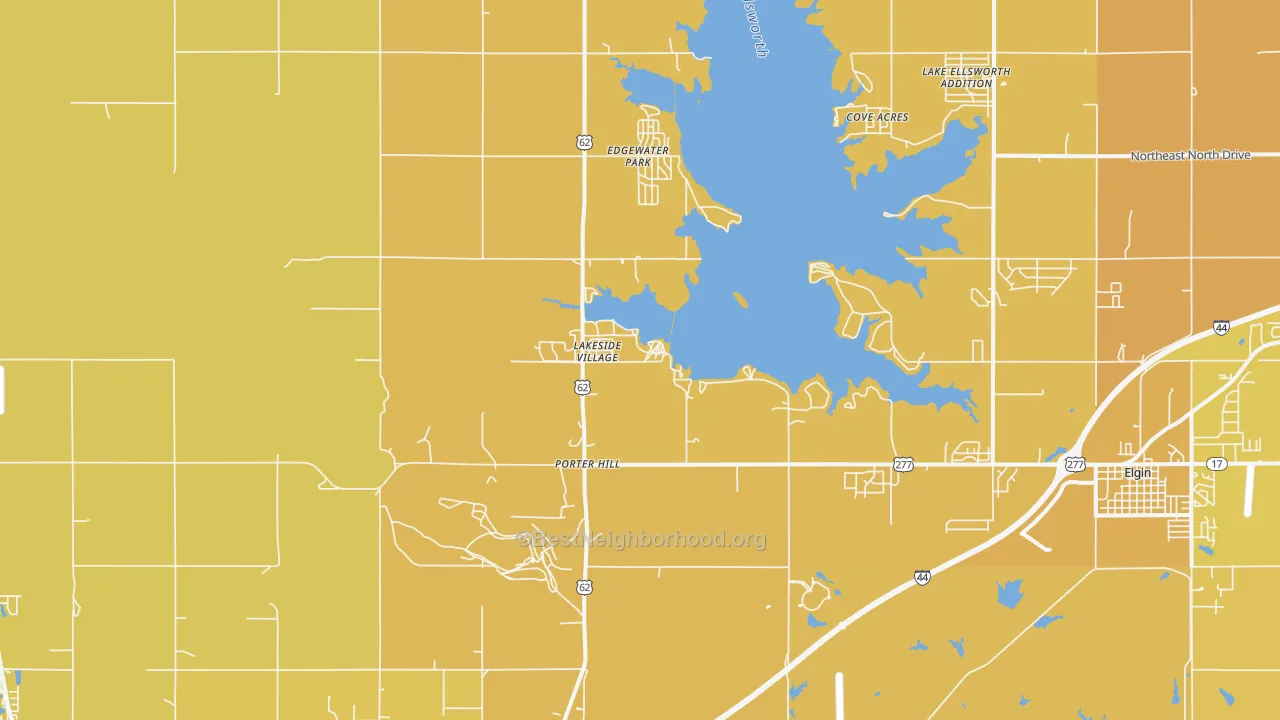 Map of the best neighborhoods in the Lakeside Village area, with better matches in green and worse matches in red