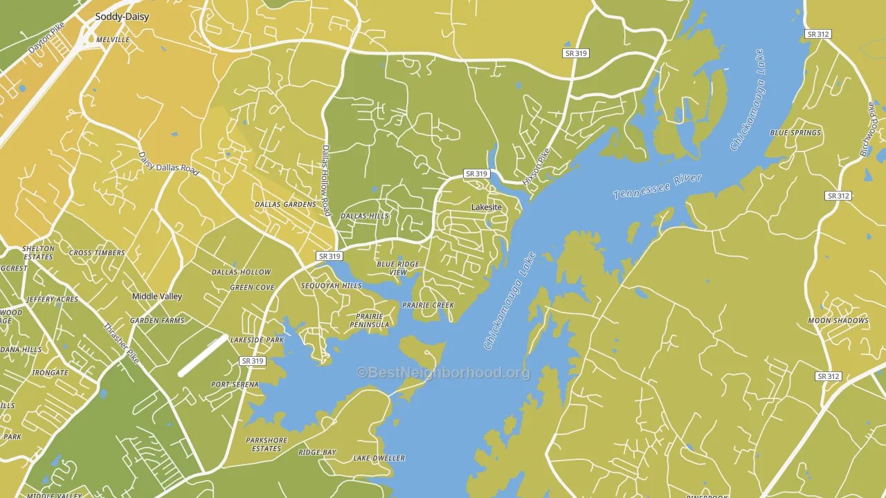 Map of the best neighborhoods in the Lakesite area, with better matches in green and worse matches in red
