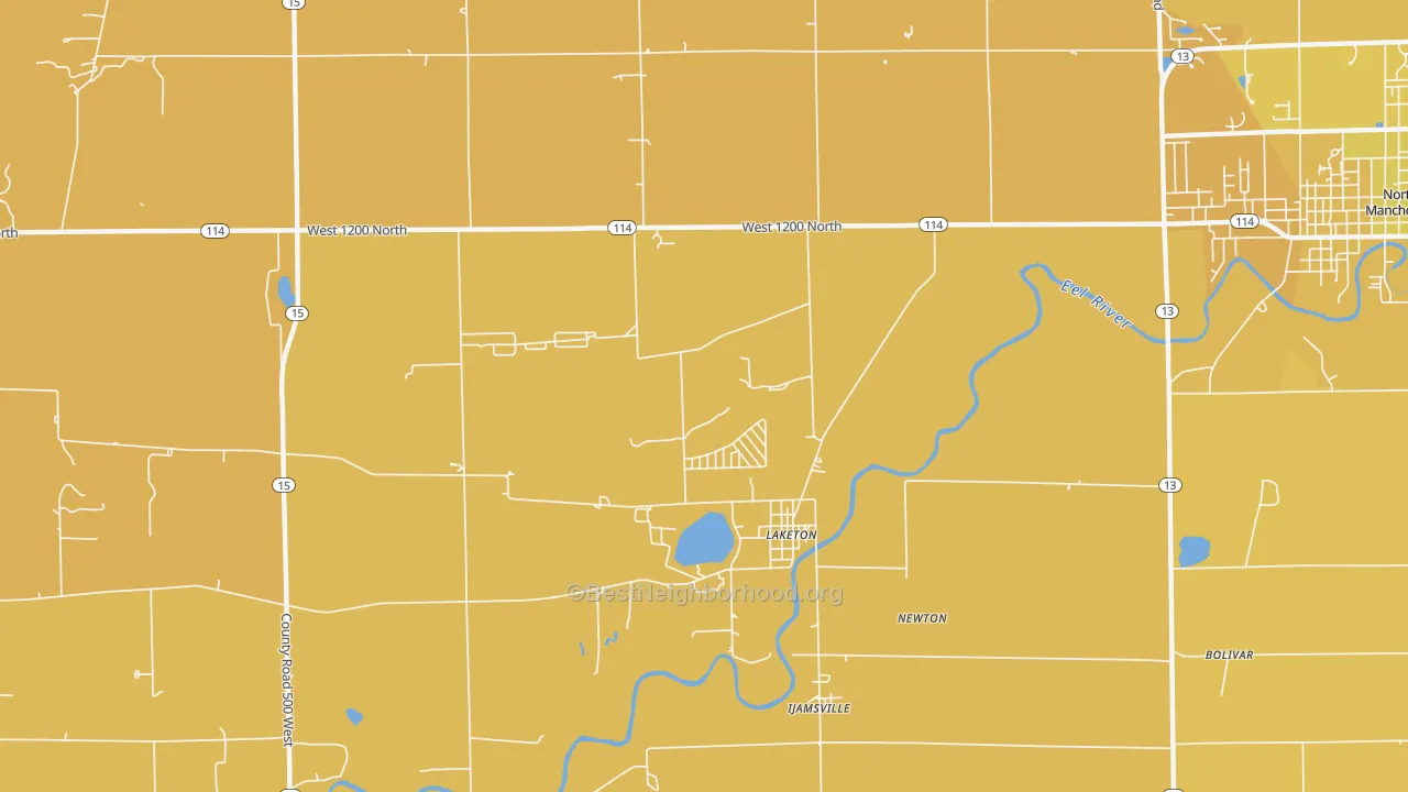 Map of the best neighborhoods in the Laketon area, with better matches in green and worse matches in red