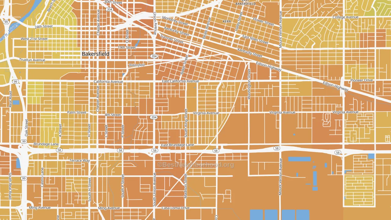 Map of the best neighborhoods in the Lakeview-Bakersfield, Bakersfield area, with better matches in green and worse matches in red