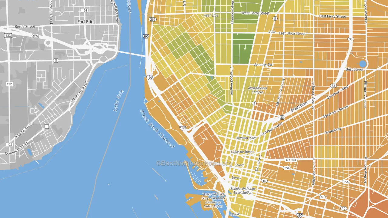 Map of the best neighborhoods in the Lakeview, Buffalo area, with better matches in green and worse matches in red