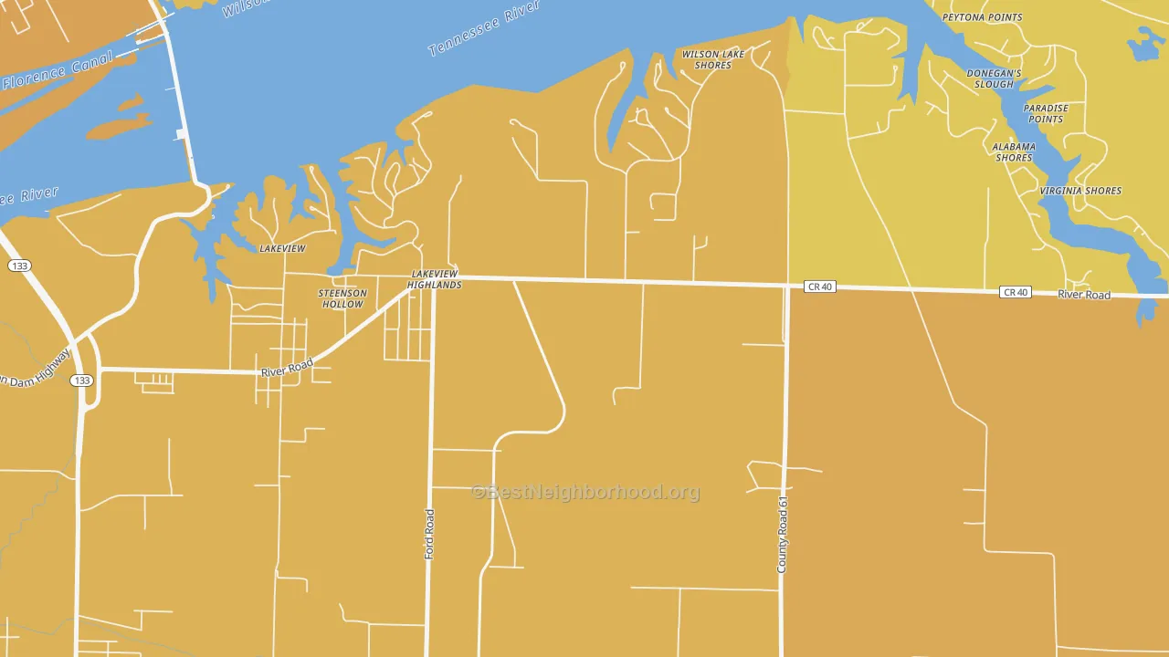Map of the best neighborhoods in the Lakeview Highlands area, with better matches in green and worse matches in red
