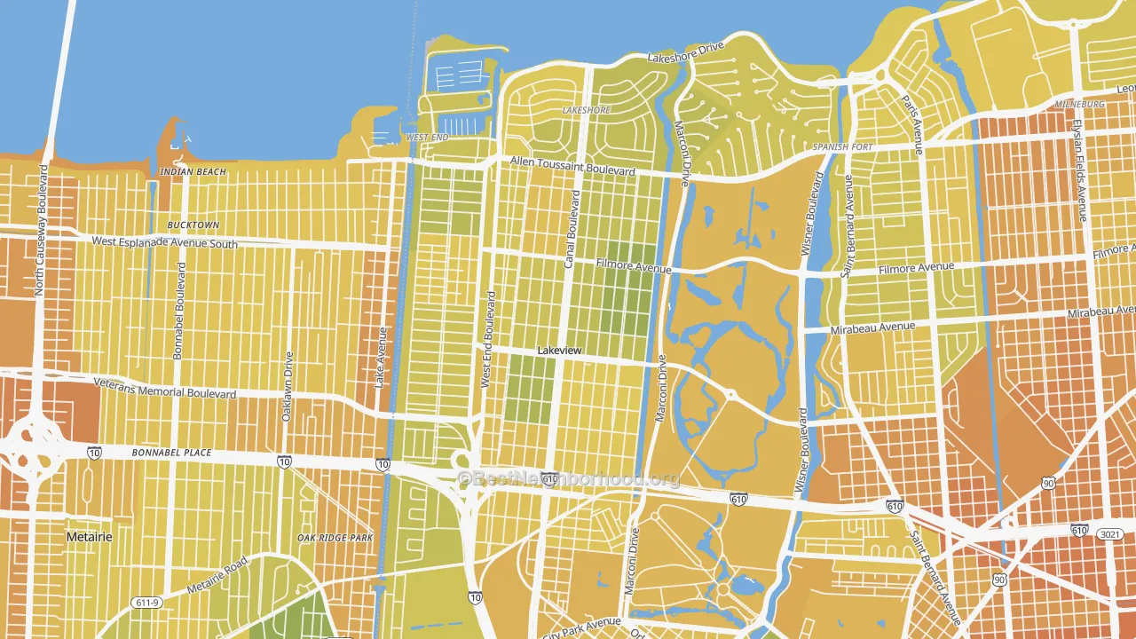 Map of the best neighborhoods in the Lakeview, New Orleans area, with better matches in green and worse matches in red