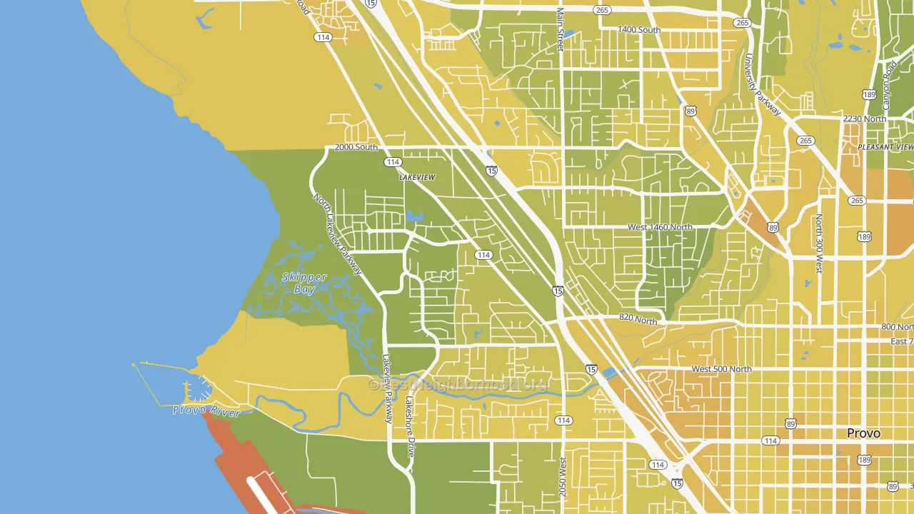 Map of the best neighborhoods in the Lakeview North, Provo area, with better matches in green and worse matches in red