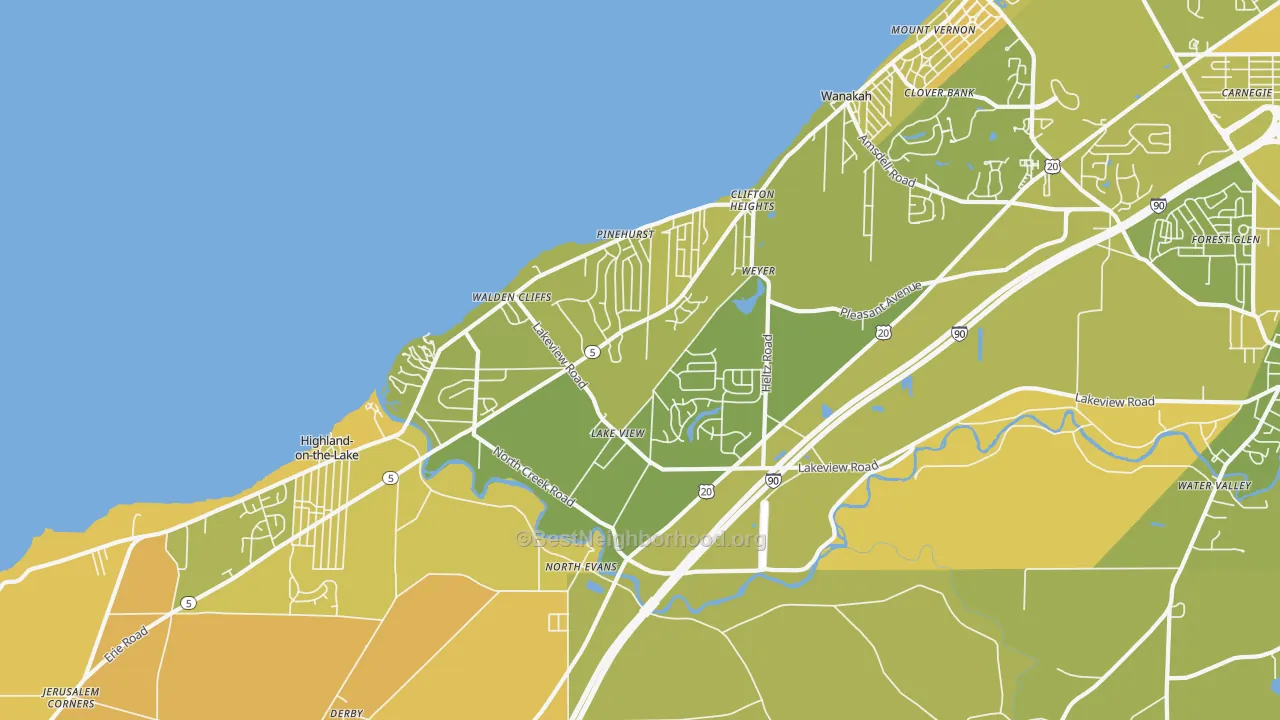 Map of the best neighborhoods in the Lakeview area, with better matches in green and worse matches in red