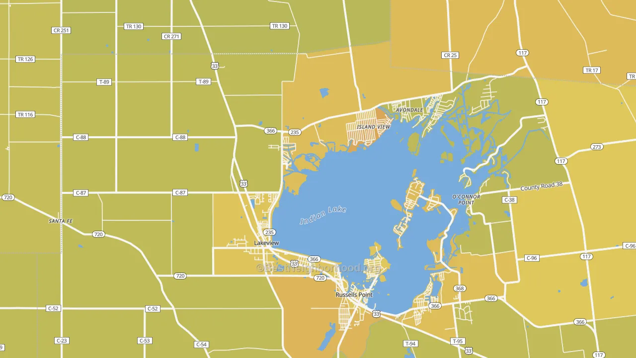 Map of the best neighborhoods in the Lakeview area, with better matches in green and worse matches in red