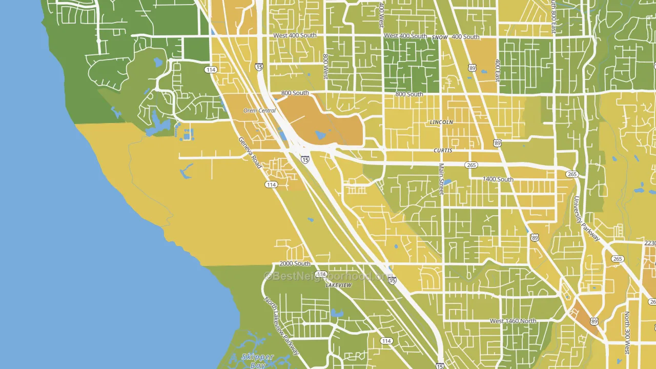 Map of the best neighborhoods in the Lakeview, Orem area, with better matches in green and worse matches in red