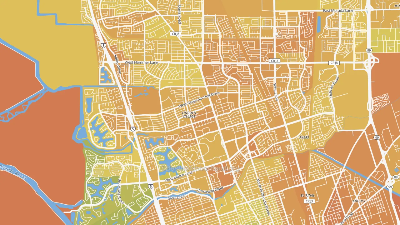 Map of the best neighborhoods in the Lakeview, Stockton area, with better matches in green and worse matches in red