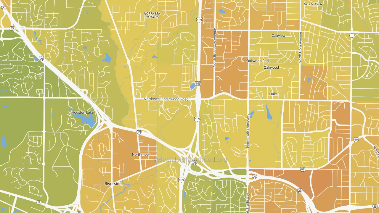Map of the best neighborhoods in the Lakeview Terrace, Kansas City area, with better matches in green and worse matches in red