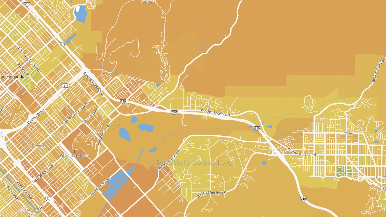 Map of the best neighborhoods in the Lakeview Terrace, Sylmar area, with better matches in green and worse matches in red