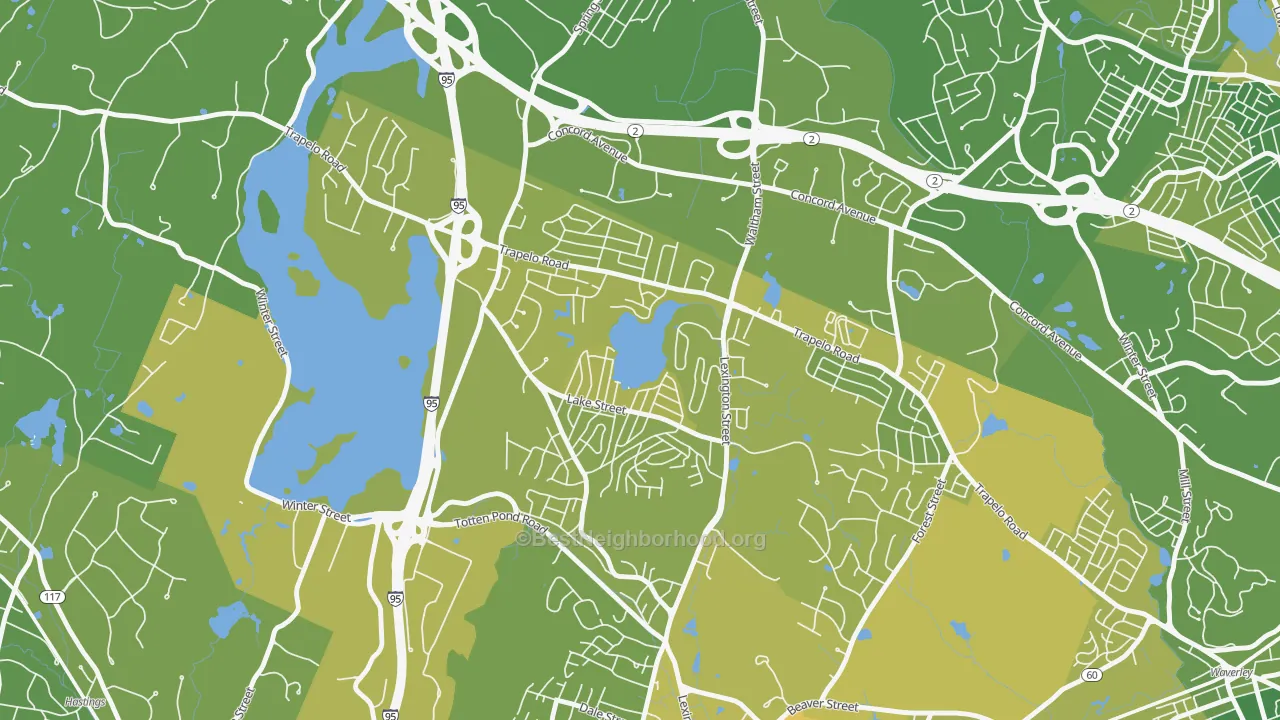 Map of the best neighborhoods in the Lakeview, Waltham area, with better matches in green and worse matches in red