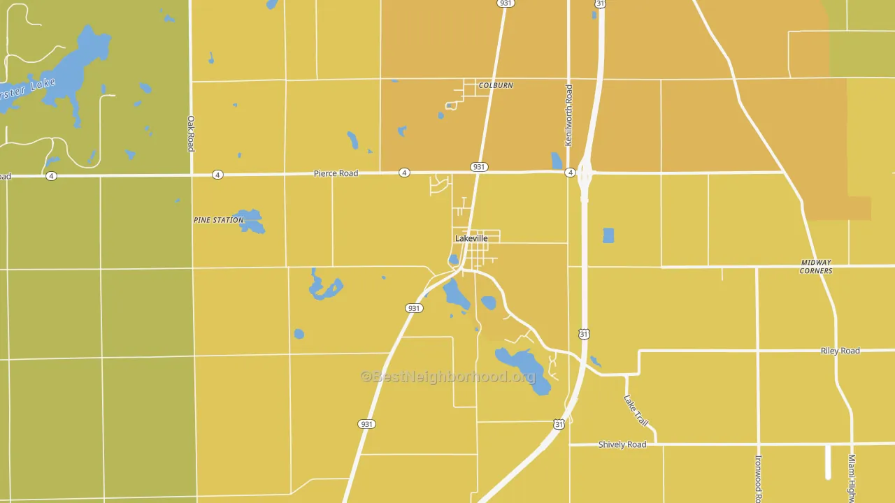 Map of the best neighborhoods in the Lakeville area, with better matches in green and worse matches in red