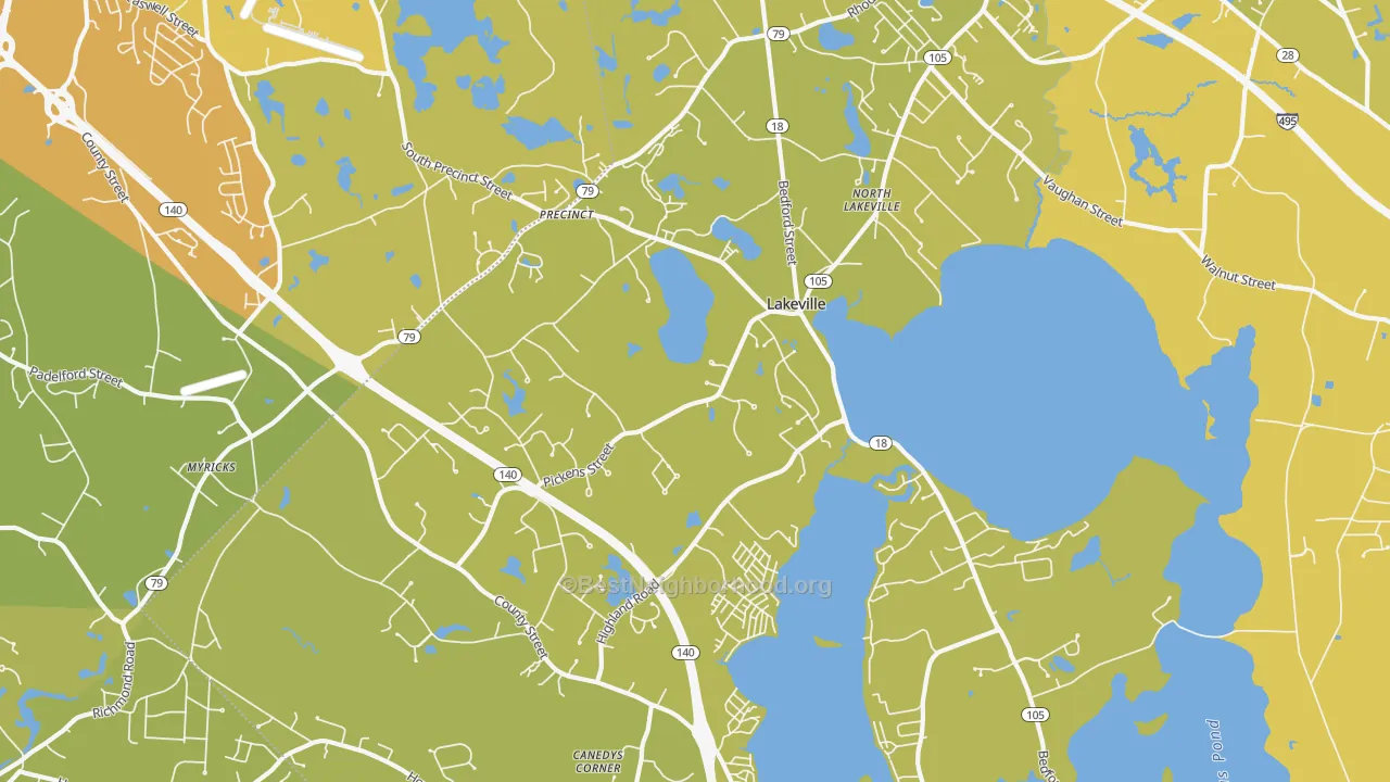 Map of the best neighborhoods in the Lakeville area, with better matches in green and worse matches in red