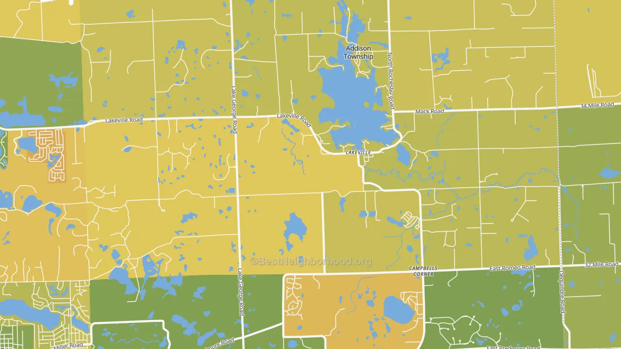 Map of the best neighborhoods in the Lakeville area, with better matches in green and worse matches in red