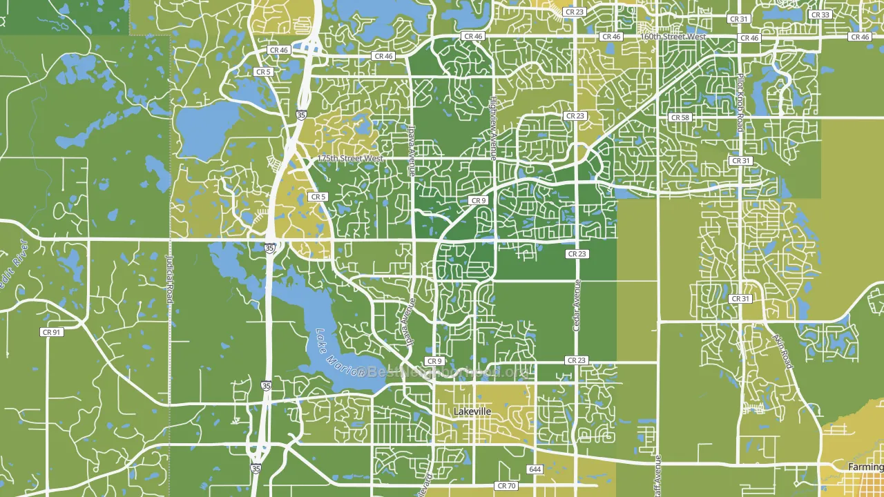 Map of the best neighborhoods in the Lakeville area, with better matches in green and worse matches in red