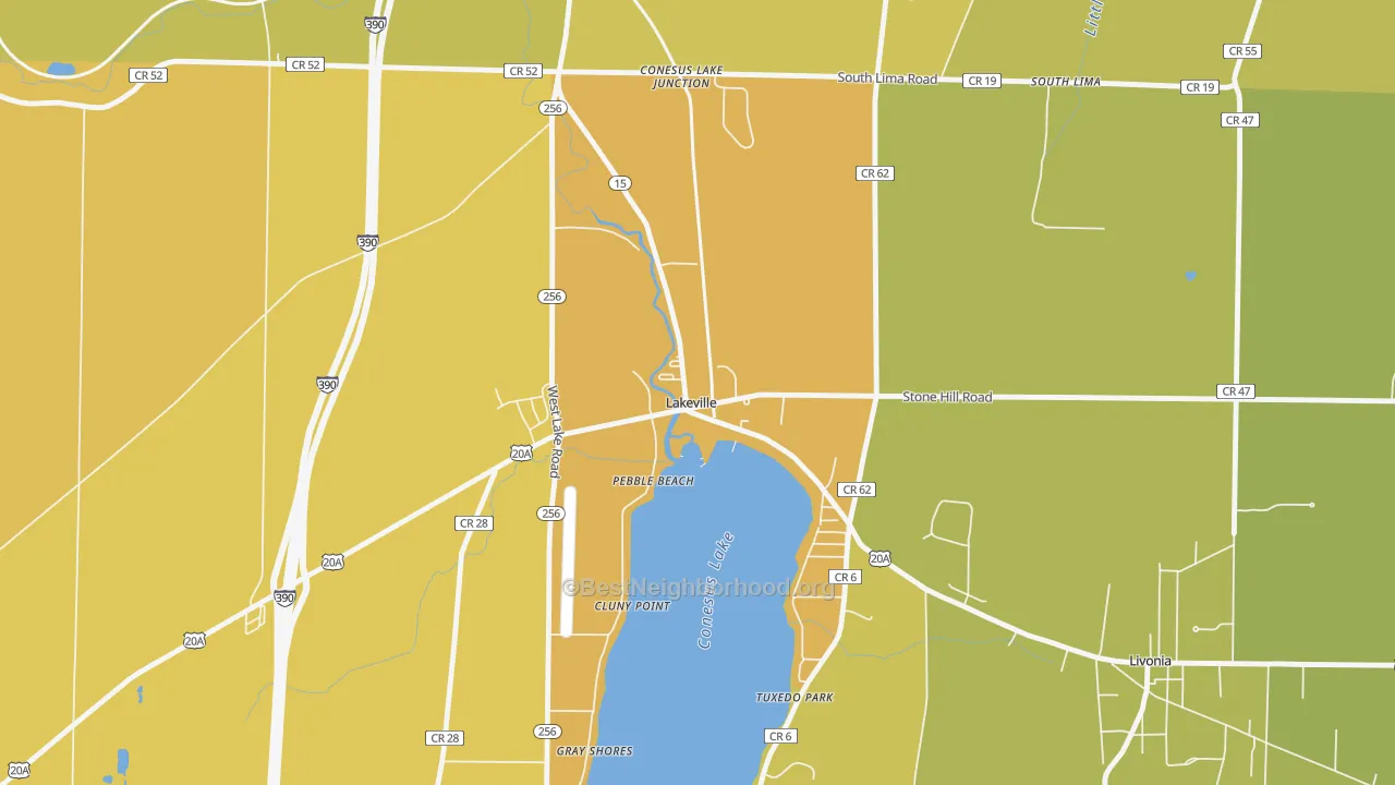 Map of the best neighborhoods in the Lakeville area, with better matches in green and worse matches in red