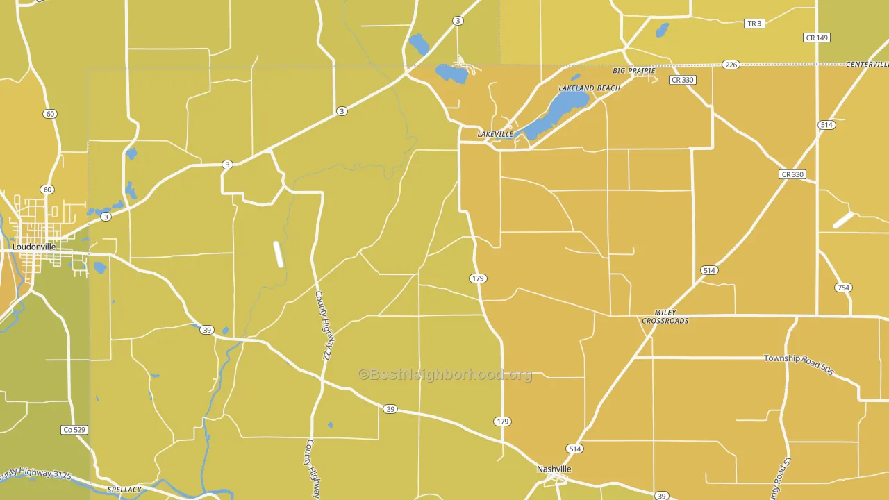 Map of the best neighborhoods in the Lakeville area, with better matches in green and worse matches in red