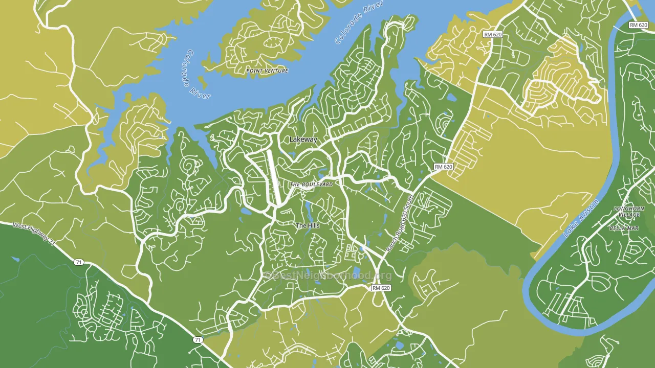 Map of the best neighborhoods in the Lakeway area, with better matches in green and worse matches in red