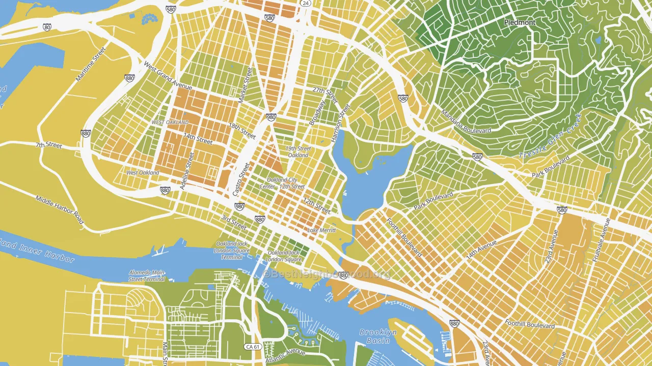 Map of the best neighborhoods in the Lakewide, Oakland area, with better matches in green and worse matches in red