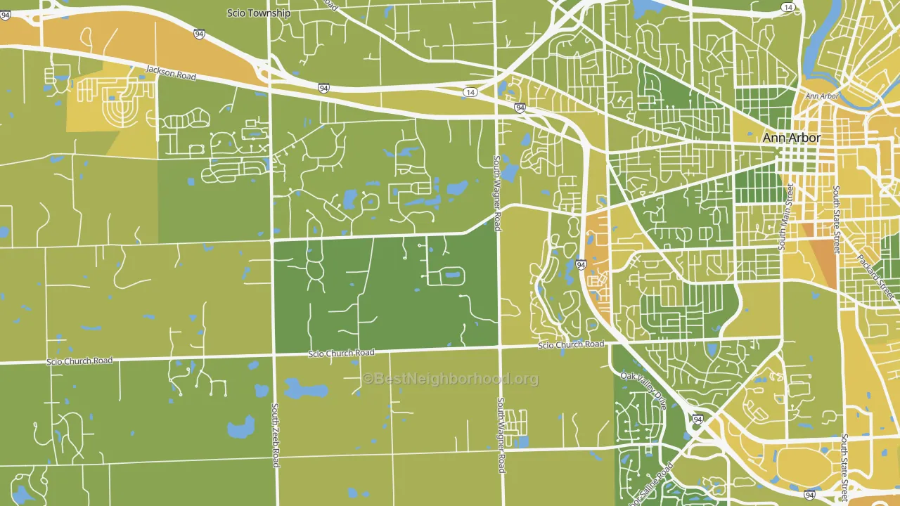 Map of the best neighborhoods in the Lakewood, Ann Arbor area, with better matches in green and worse matches in red