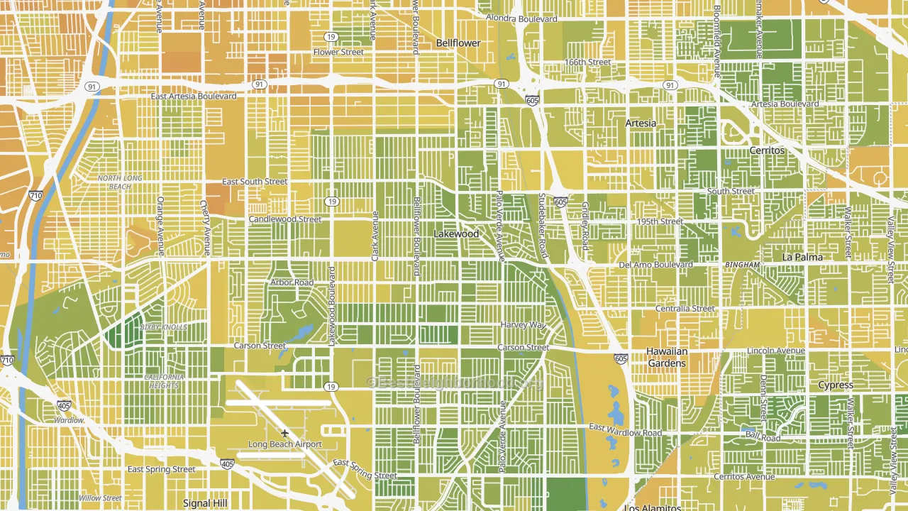 Map of the best neighborhoods in the Lakewood area, with better matches in green and worse matches in red
