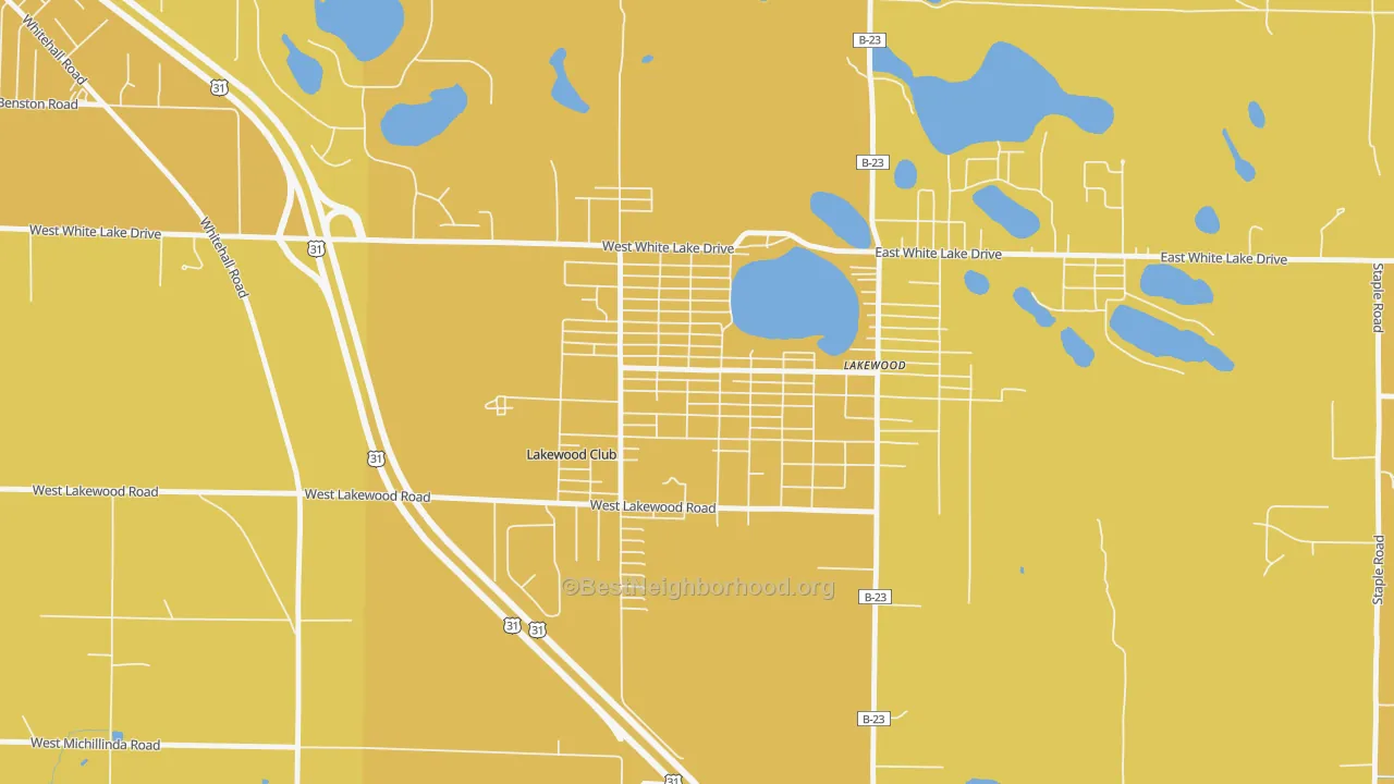 Map of the best neighborhoods in the Lakewood Club area, with better matches in green and worse matches in red