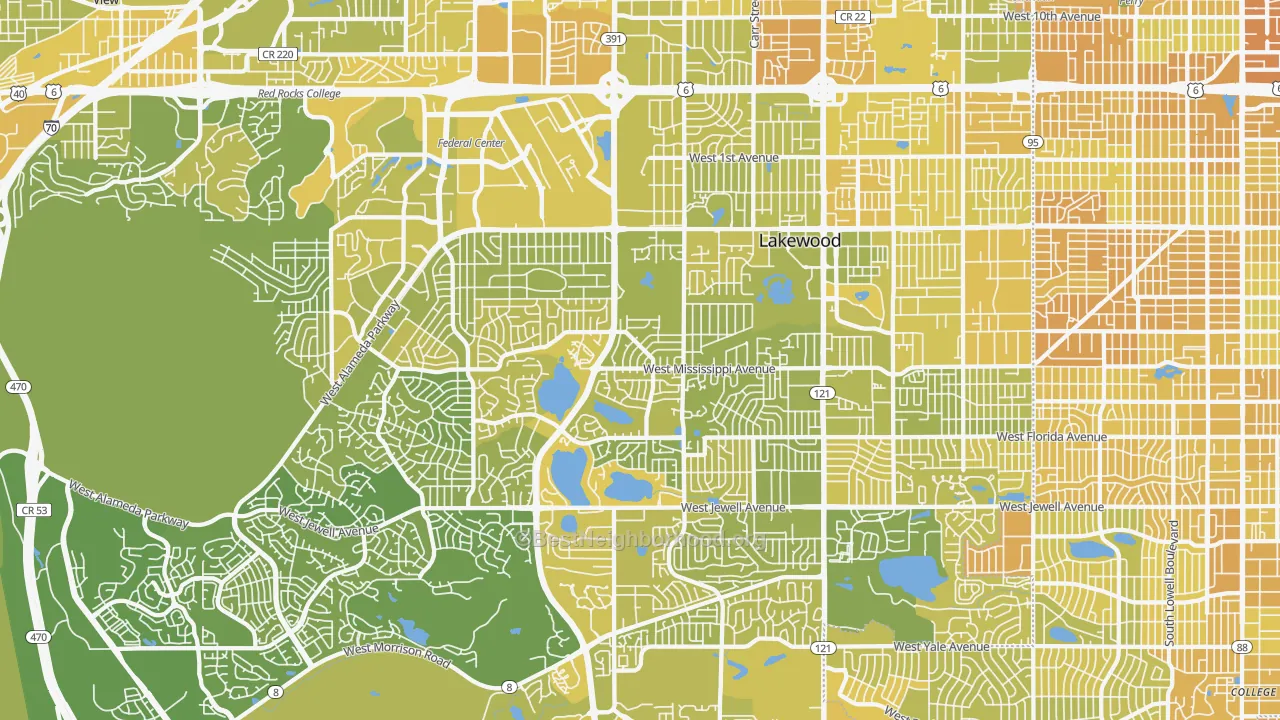 Map of the best neighborhoods in the Lakewood area, with better matches in green and worse matches in red