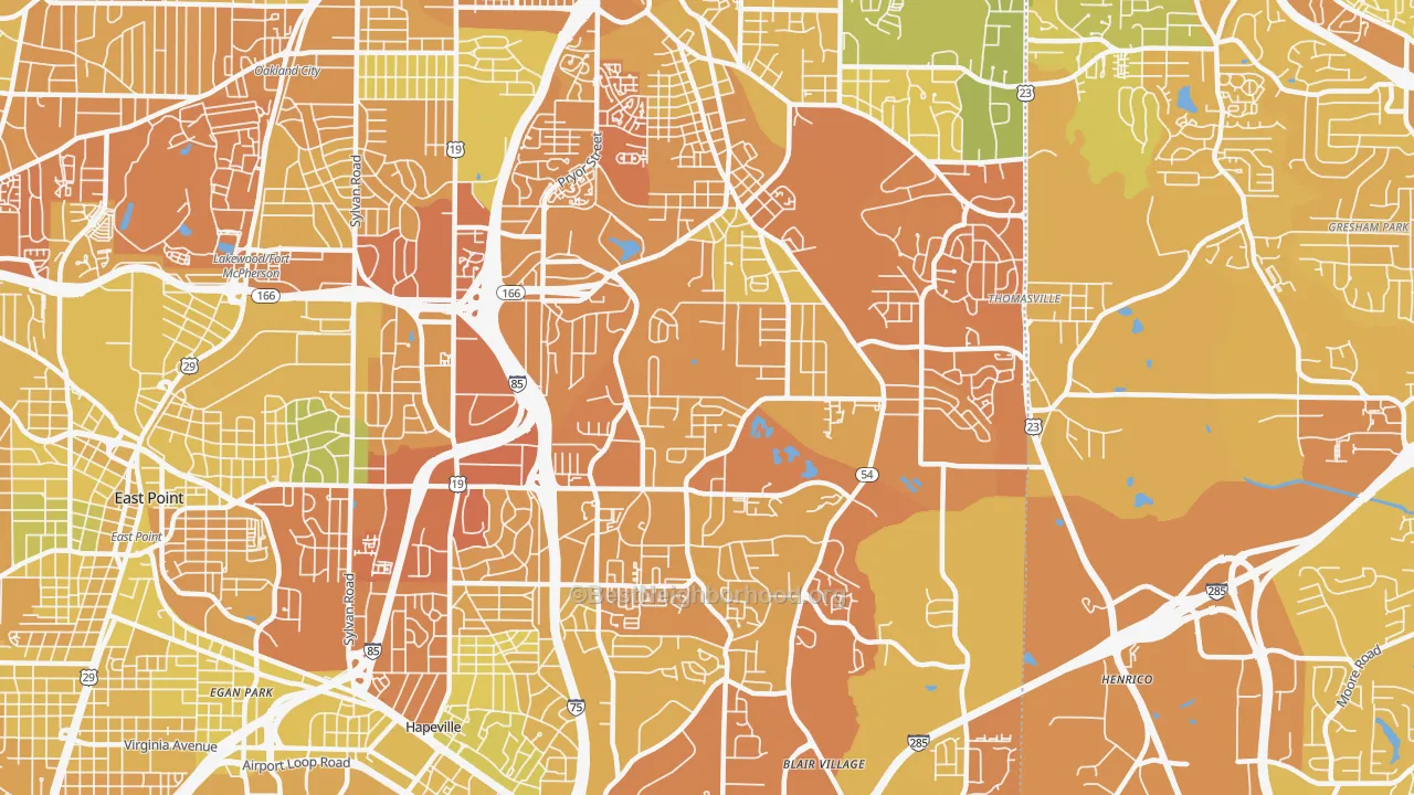 Map of the best neighborhoods in the Lakewood Heights, Atlanta area, with better matches in green and worse matches in red
