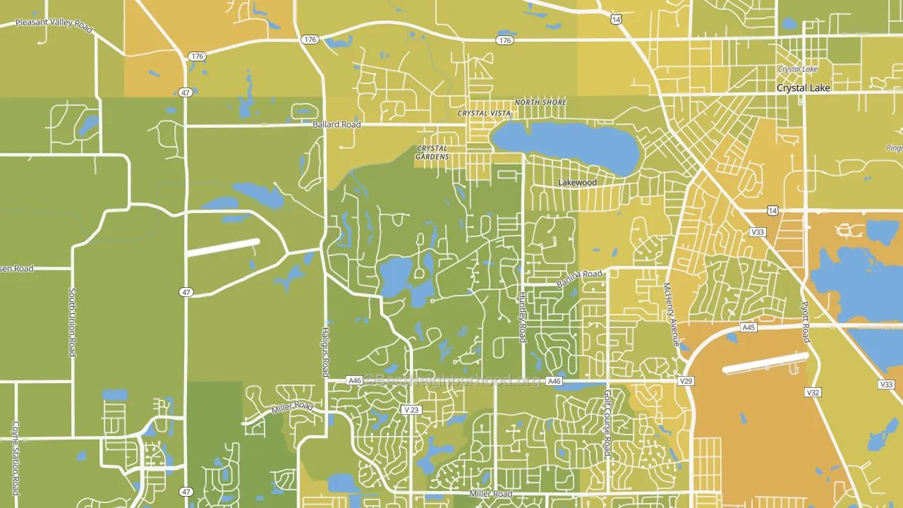 Map of the best neighborhoods in the Lakewood area, with better matches in green and worse matches in red