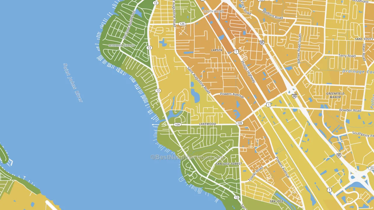 Map of the best neighborhoods in the Lakewood, Jacksonville area, with better matches in green and worse matches in red