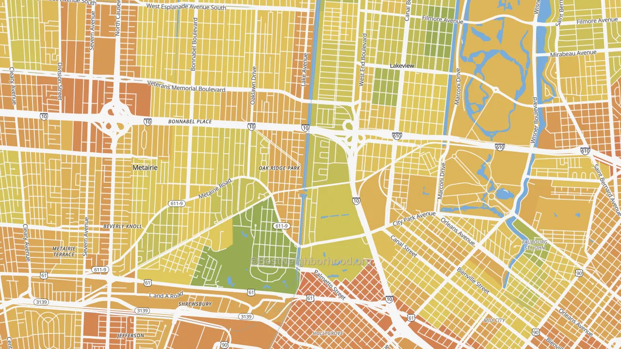 Map of the best neighborhoods in the Lakewood, New Orleans area, with better matches in green and worse matches in red
