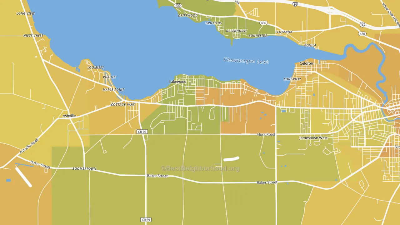 Map of the best neighborhoods in the Lakewood area, with better matches in green and worse matches in red