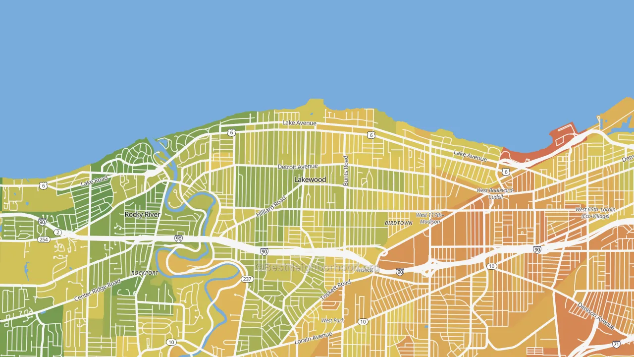 Map of the best neighborhoods in the Lakewood area, with better matches in green and worse matches in red