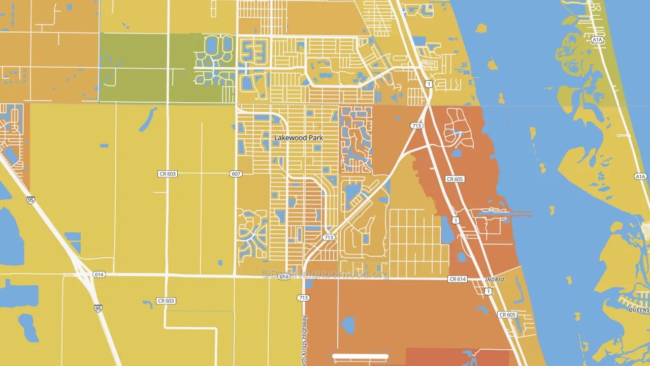 Map of the best neighborhoods in the Lakewood Park area, with better matches in green and worse matches in red
