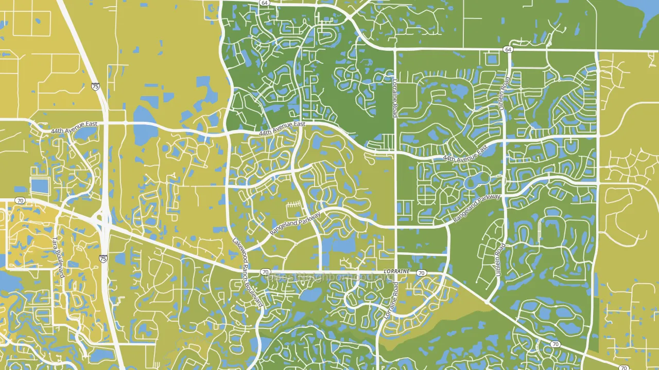Map of the best neighborhoods in the Lakewood Ranch, Bradenton area, with better matches in green and worse matches in red