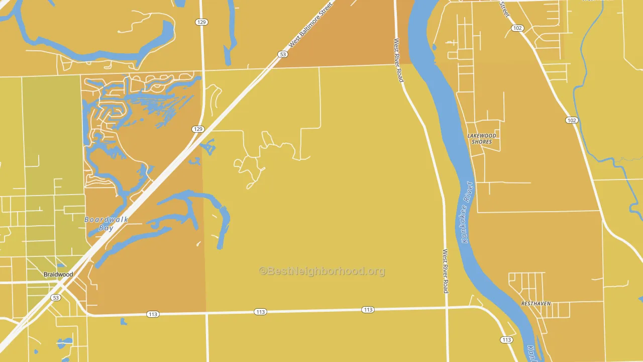 Map of the best neighborhoods in the Lakewood Shores area, with better matches in green and worse matches in red